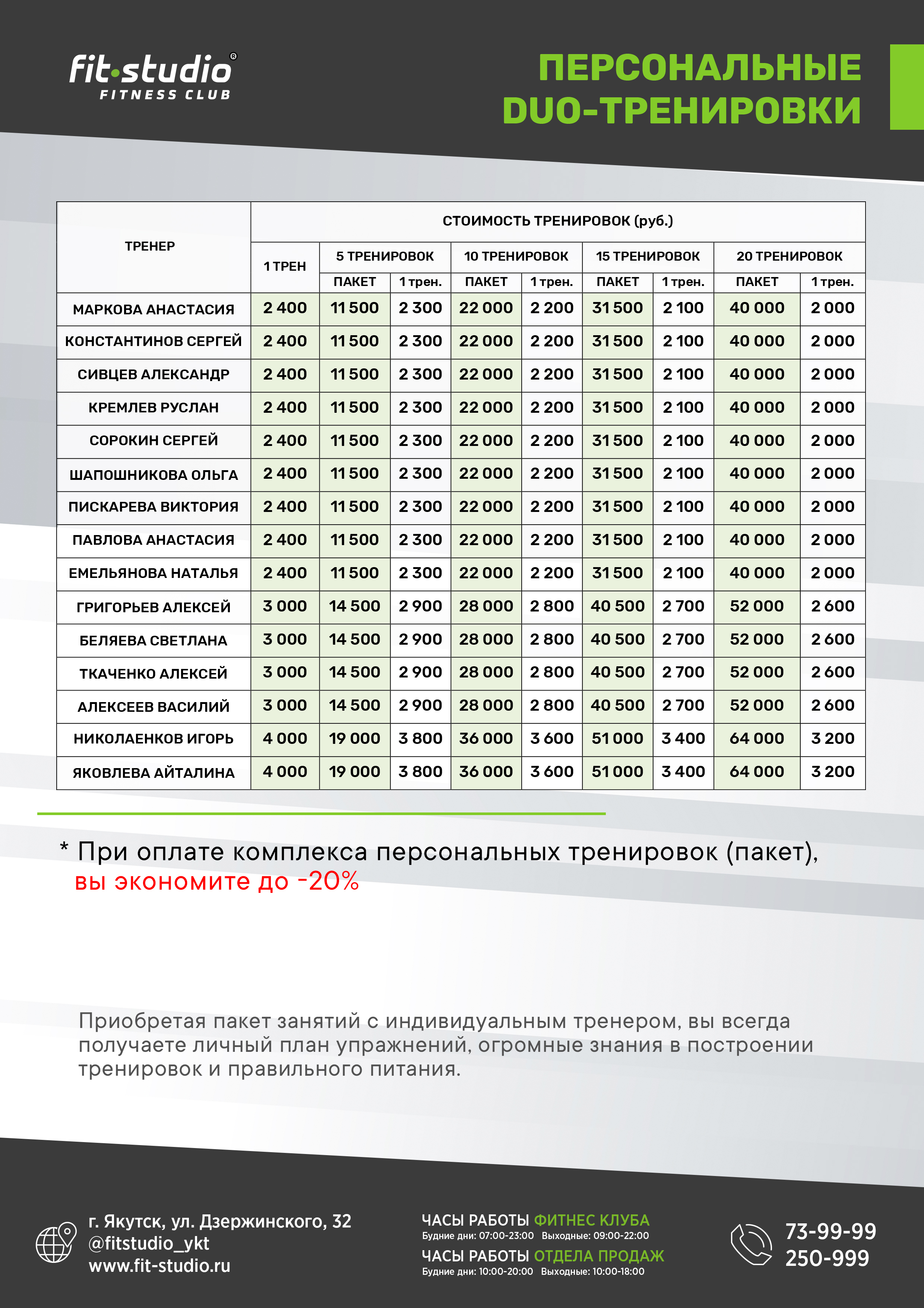 ПРАЙС ПЕРСОНАЛЬНЫХ ТРЕНИРОВОК ДУЭТЫ