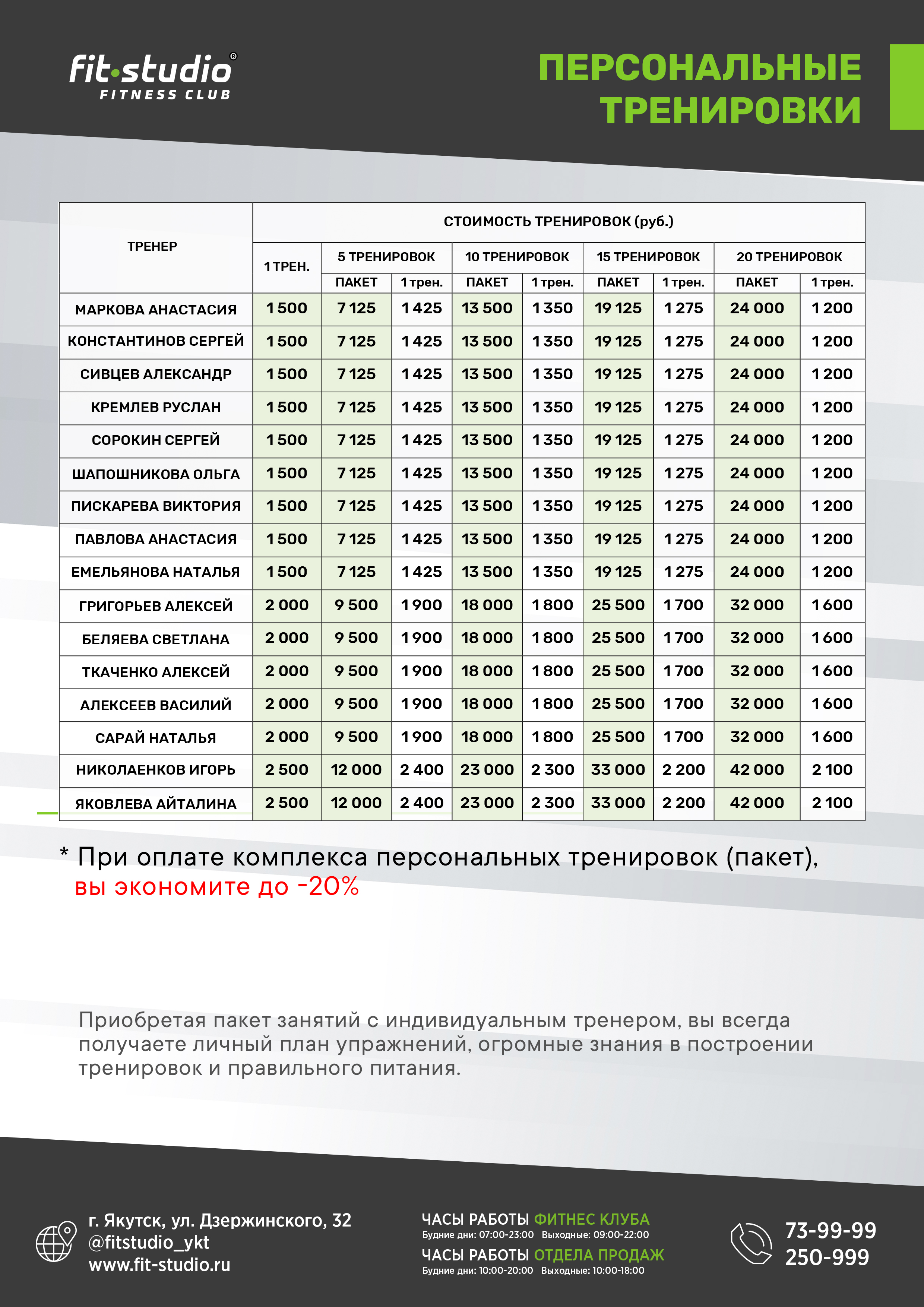 ПРАЙС ПЕРСОНАЛЬНЫХ ТРЕНИРОВОК